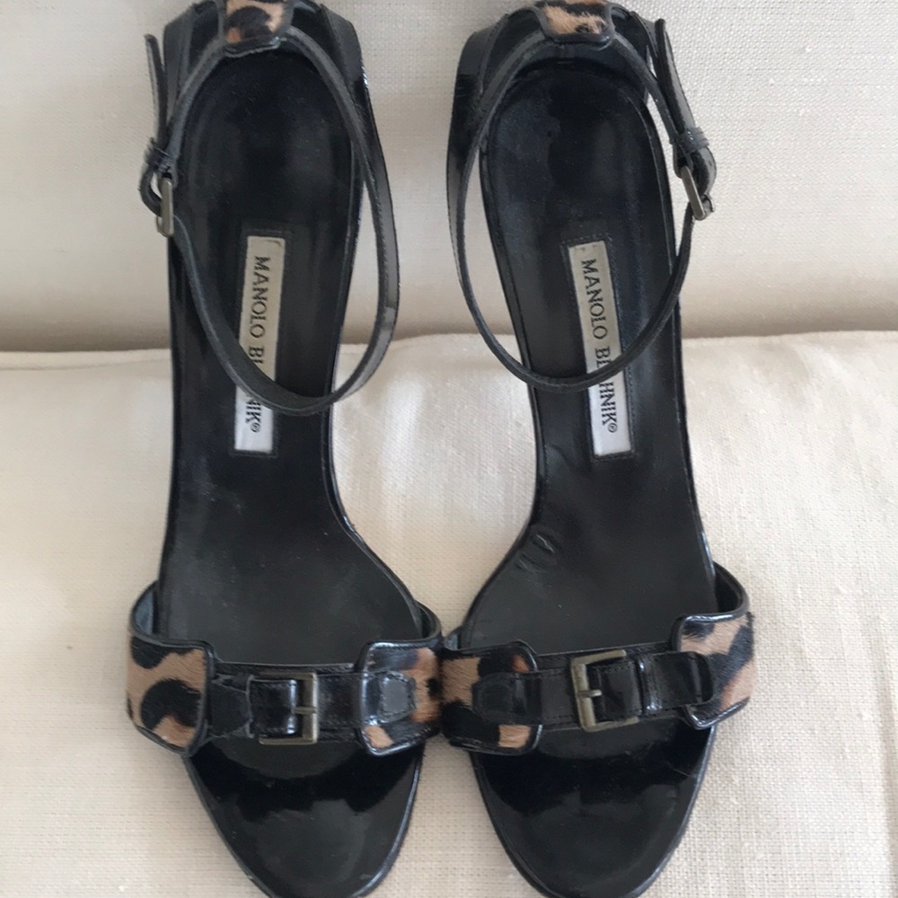 Manolo Blahnick strappy heels w leopard pony skin